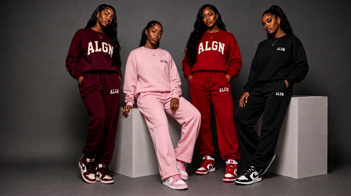 Four women wearing ALGN sets alternating collegiate and signature loose-fit styles in burgundy, pink, red and black