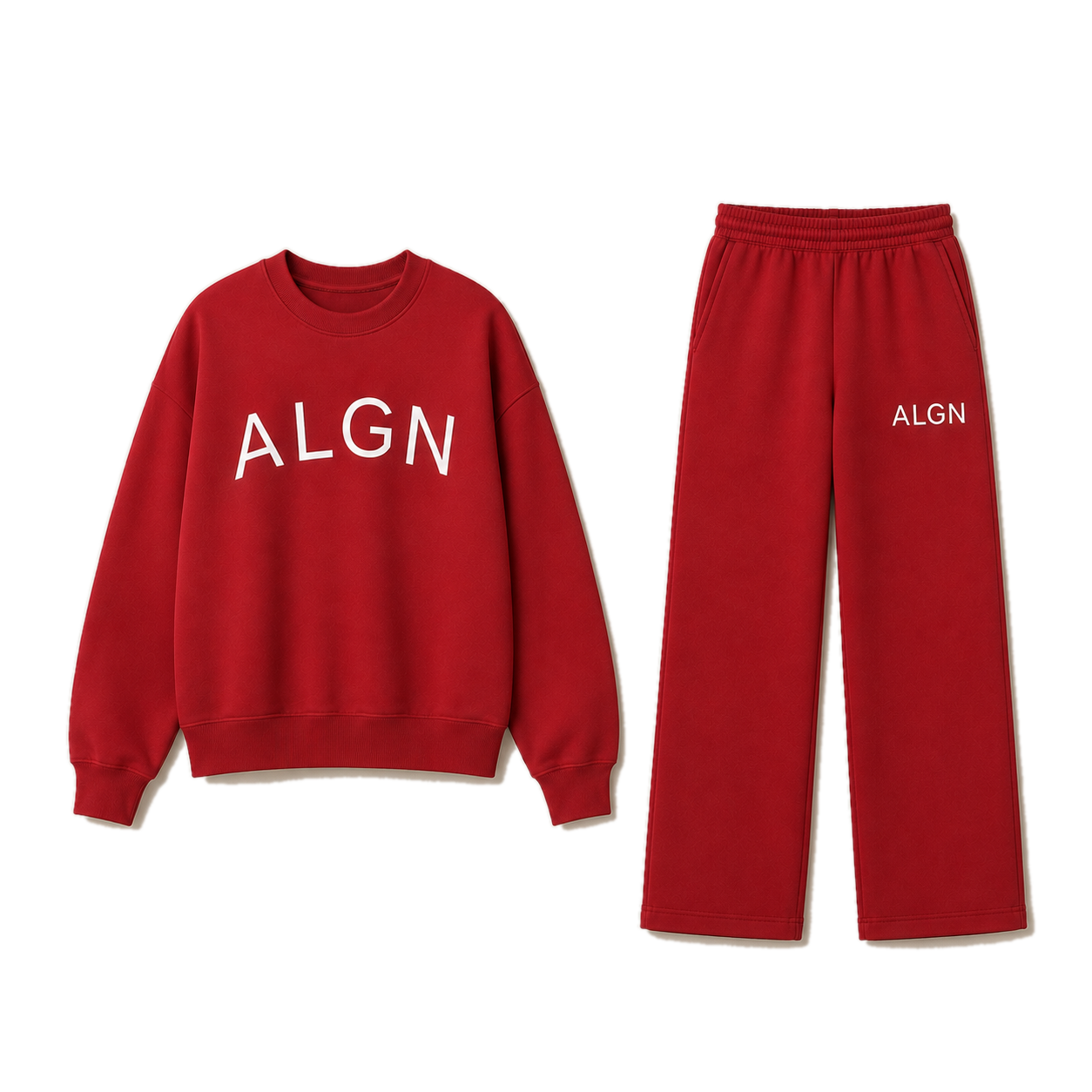 Red ALGN Essentials crewneck with white block lettering beside matching sweatpants